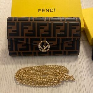 Fendi Black and Brown Wallet with Gold Chain